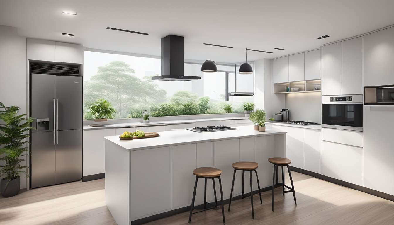 A spacious HDB kitchen with sleek, white cabinets and modern appliances. A large window allows natural light to flood the room, highlighting the clean, minimalist design