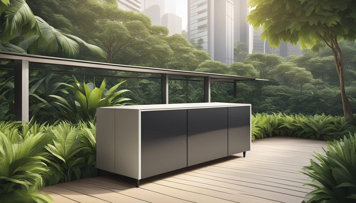 An outdoor shoe cabinet in Singapore, with sleek design and durable materials, sits against a backdrop of lush greenery and modern architecture