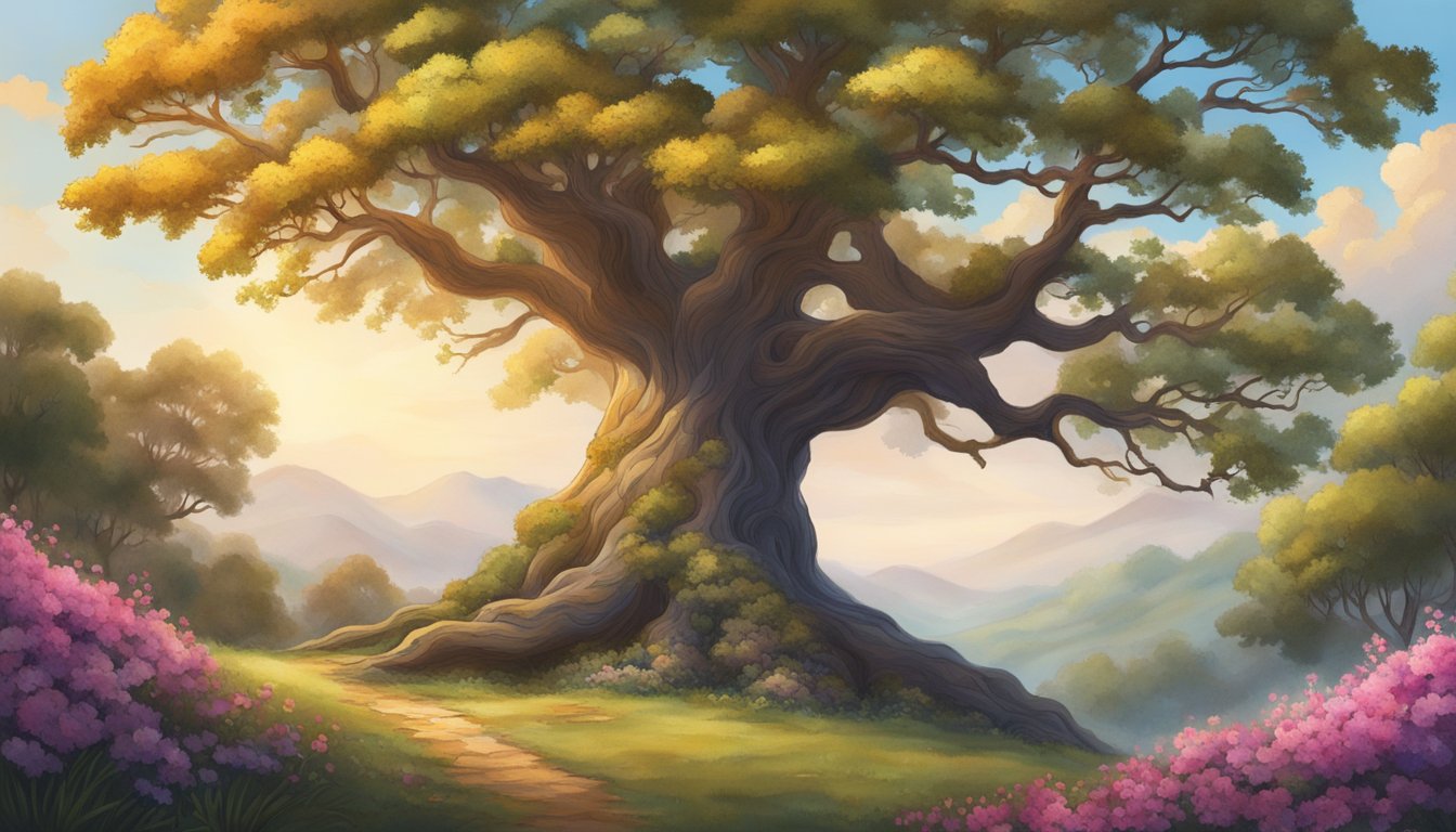 A sturdy oak tree stands tall, its branches reaching out confidently. Surrounding it, vibrant flowers bloom in abundance, showcasing strength and resilience