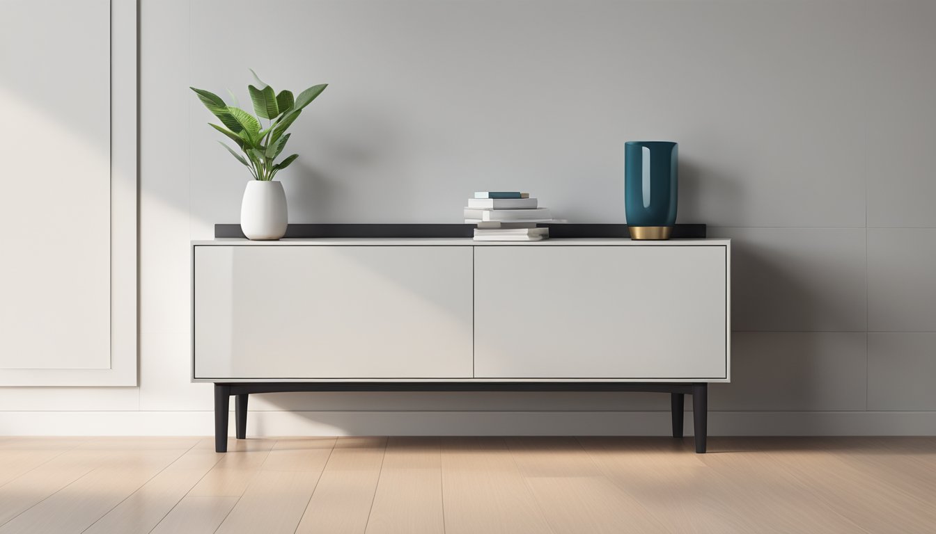 A sleek, modern side table sits in a minimalist living room in Singapore. The table is slender with clean lines and a glossy finish