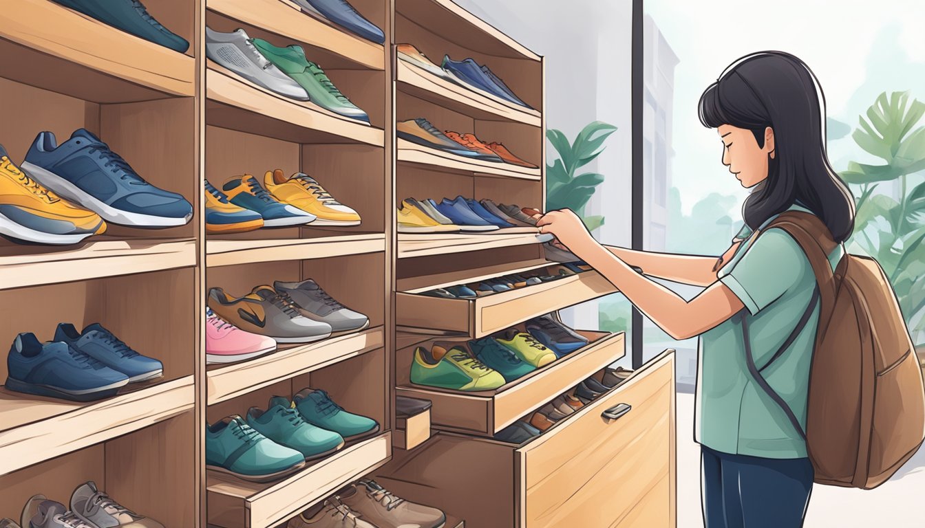 A person opens various outdoor shoe cabinets, examining different styles and designs in a Singapore setting