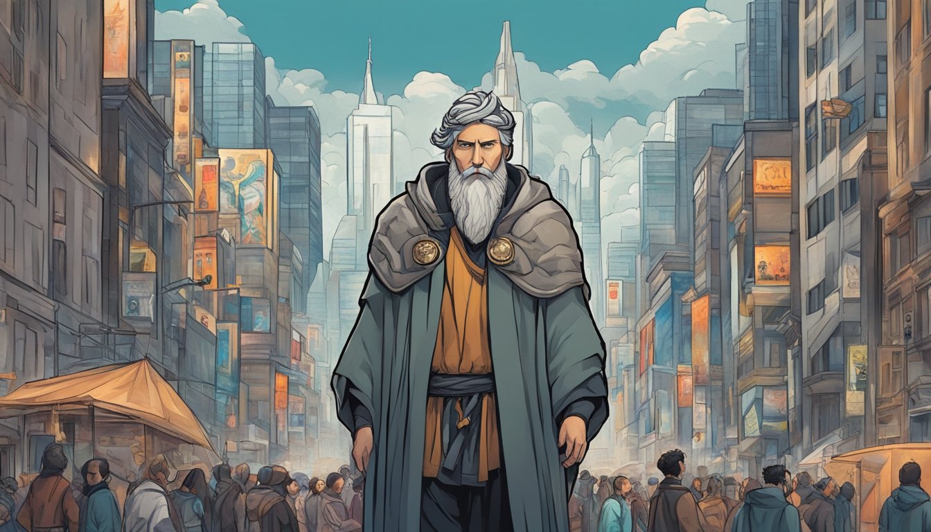 A stoic figure stands tall amidst a bustling city, surrounded by symbols of strength and resilience, representing the historical context opposite of bleeding heart