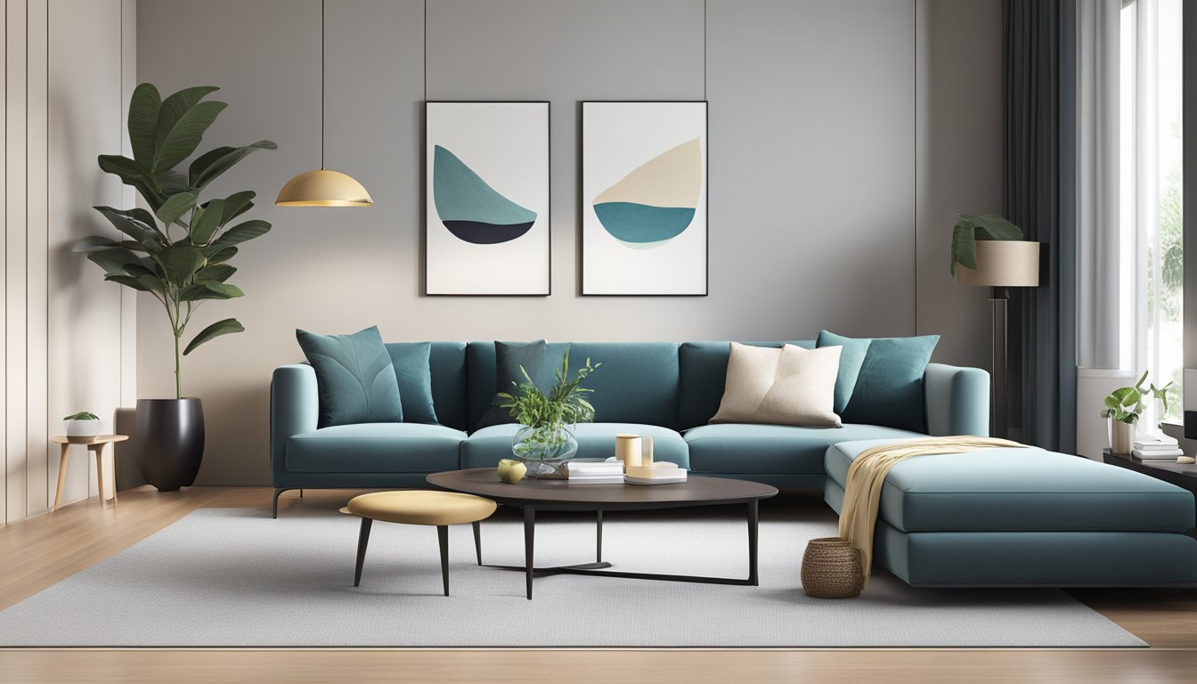 A modern living room with a sleek, minimalist design. A slim side table in Singapore, placed next to a contemporary sofa, adds functionality and style to the space