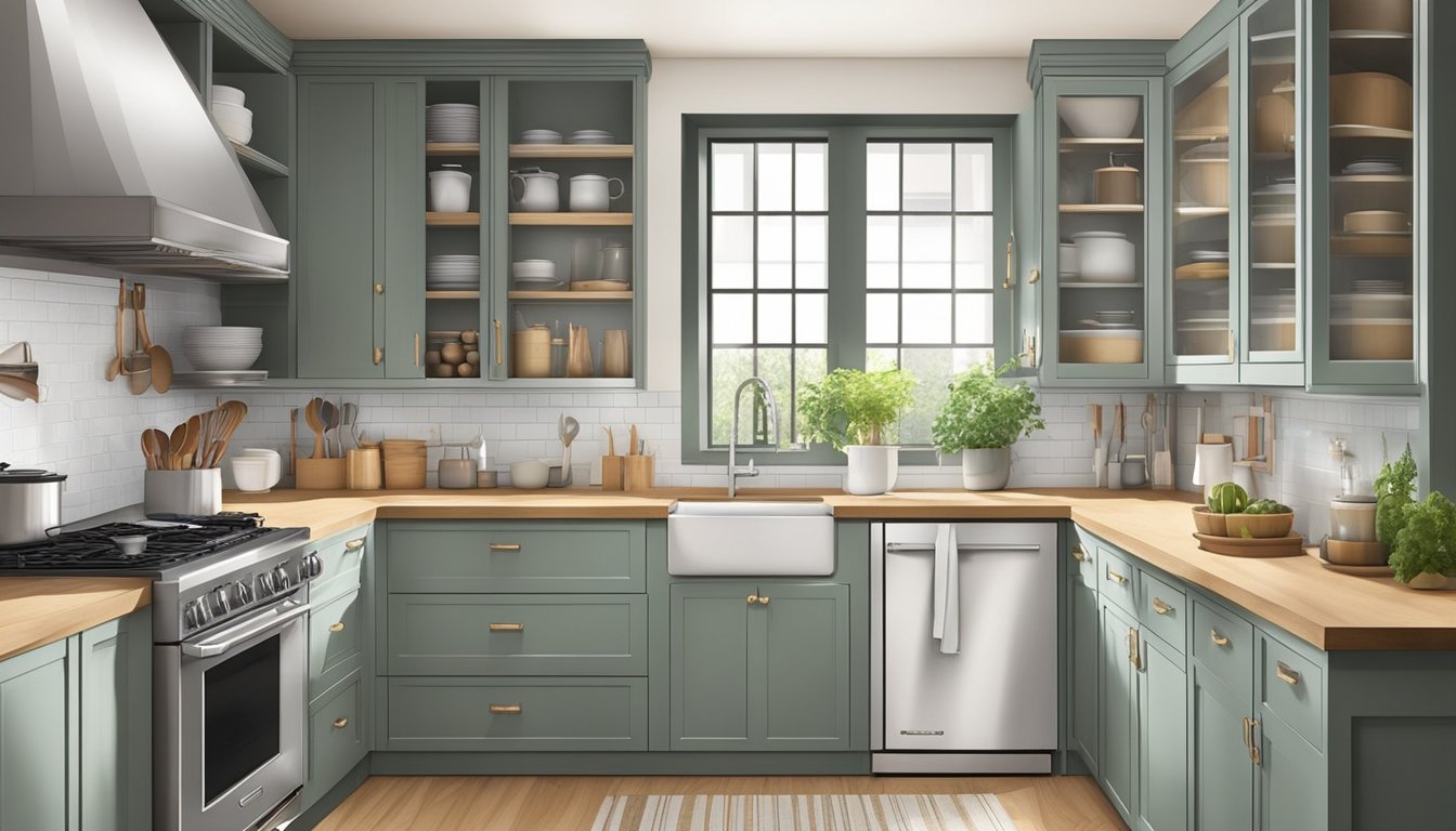 The kitchen cupboards are neatly organized with labeled shelves and drawers. Pots, pans, and utensils are stored within easy reach. The doors open smoothly, revealing a clean and functional interior