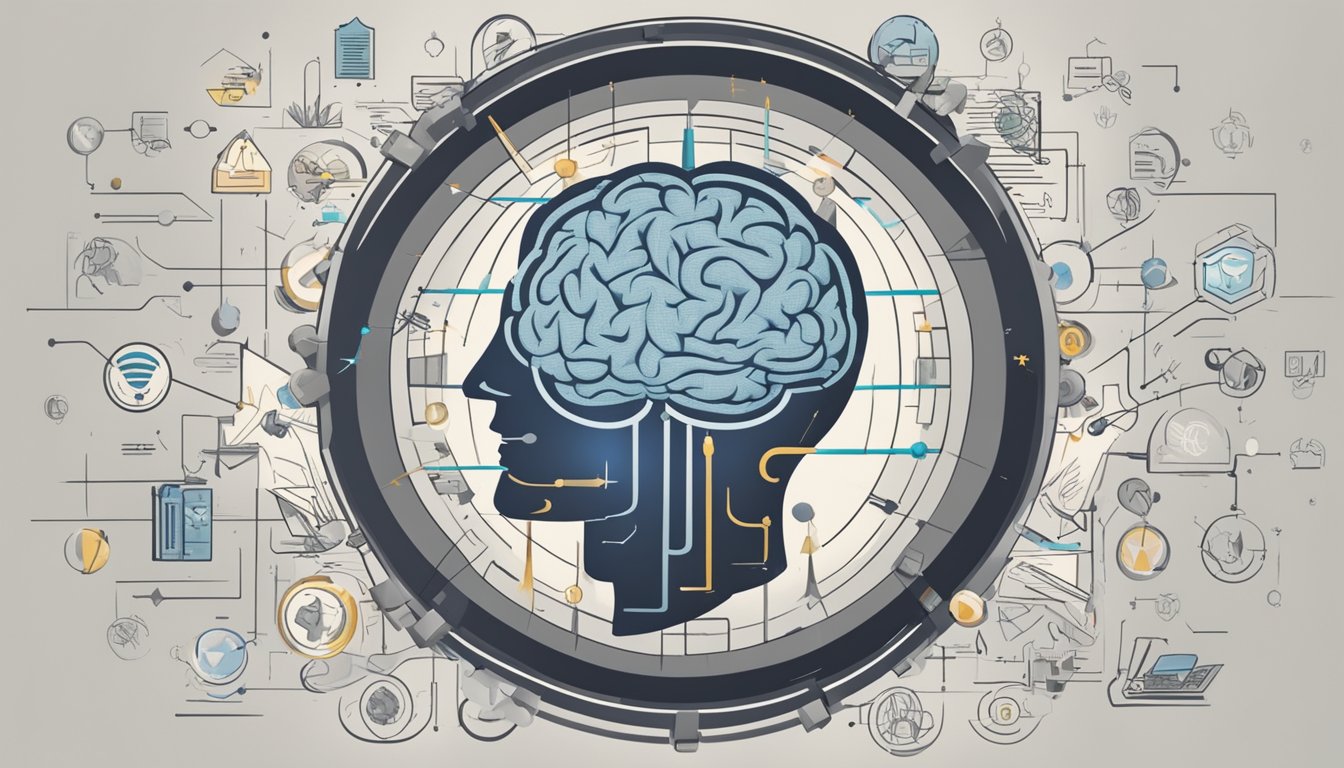 A strong, analytical brain encased in a shield, surrounded by sharp, precise language symbols