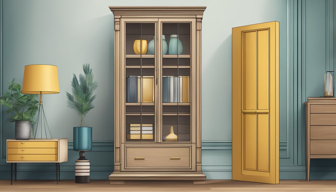A tall cabinet stands against the wall, its doors closed and a few decorative items displayed on top