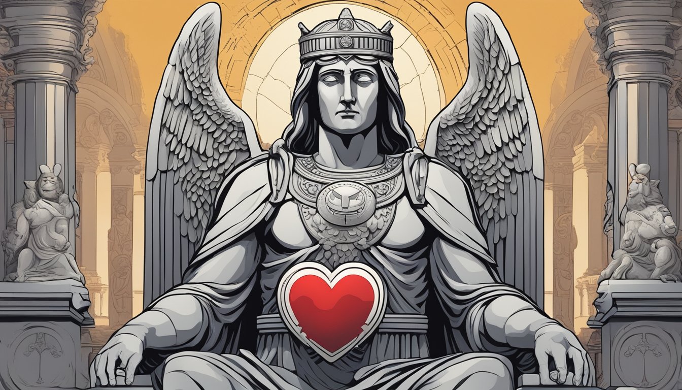 A stoic stone statue surrounded by symbols of power and authority, contrasting with a bleeding heart symbol