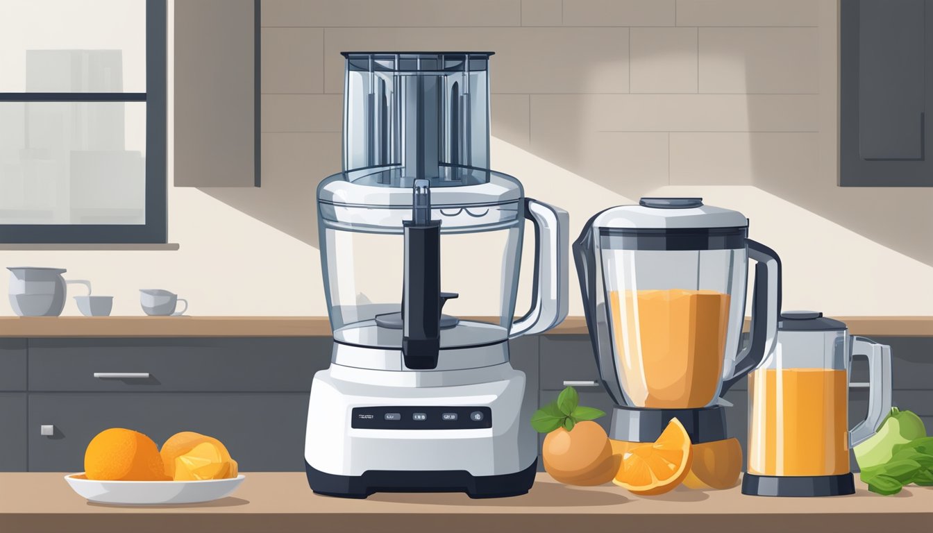 A food processor and a blender sit side by side on a kitchen counter, ready to be used. The food processor has a wide bowl with a sharp blade, while the blender has a tall pitcher with a rotating blade at the bottom