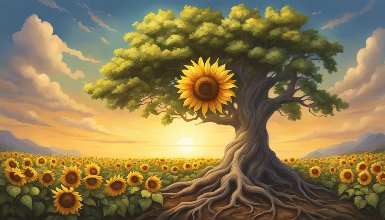 A sturdy oak tree stands tall, its roots firmly grounded, as a vibrant sunflower blooms proudly in front, symbolizing strength and resilience