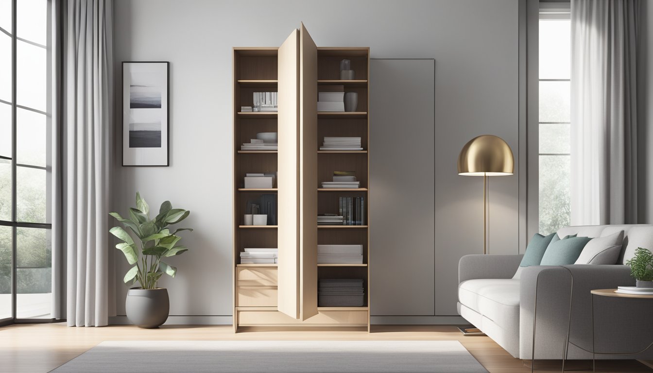 A tall cabinet stands against a white wall, with sleek lines and multiple shelves. The doors are closed, and the cabinet exudes a modern and minimalist aesthetic