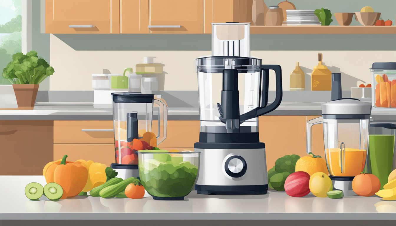 A food processor and a blender sit side by side on a kitchen counter, with various fruits and vegetables scattered around them. The food processor has a wide bowl with a chopping blade, while the blender has a tall, narrow pitcher with a spinning blade at