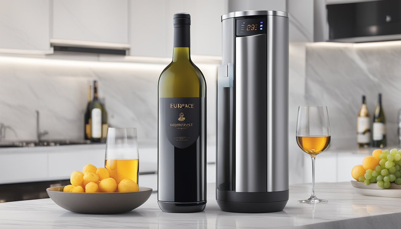 A sleek Europace wine chiller sits on a marble countertop, with a bottle of wine inside and a soft glow emanating from the LED display