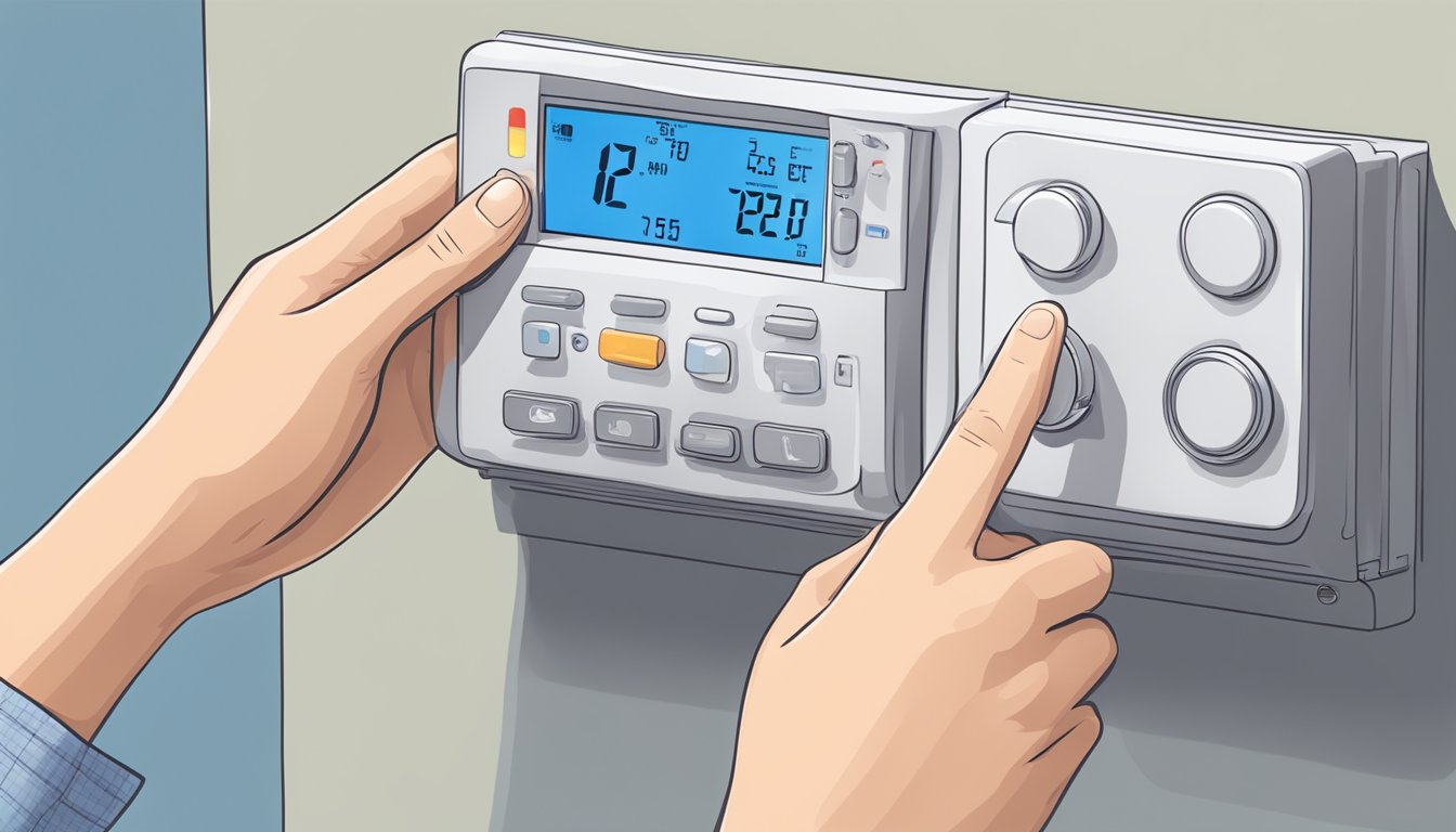 A hand adjusting the thermostat on an air conditioning unit, with the BTU (British Thermal Unit) setting clearly visible