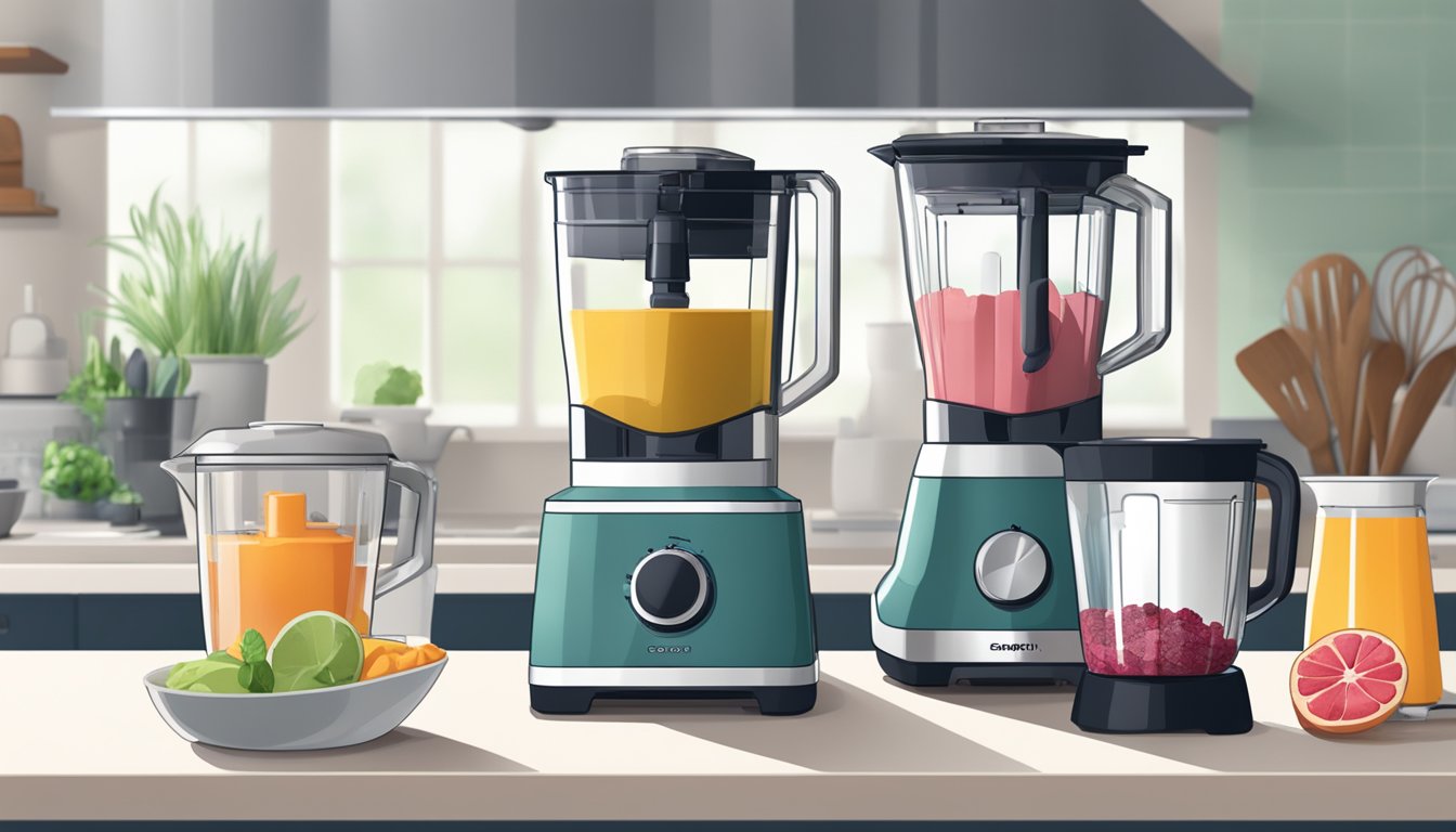 A hand pours ingredients into a food processor and a blender sits nearby on a kitchen counter. Both appliances are plugged in and ready for use