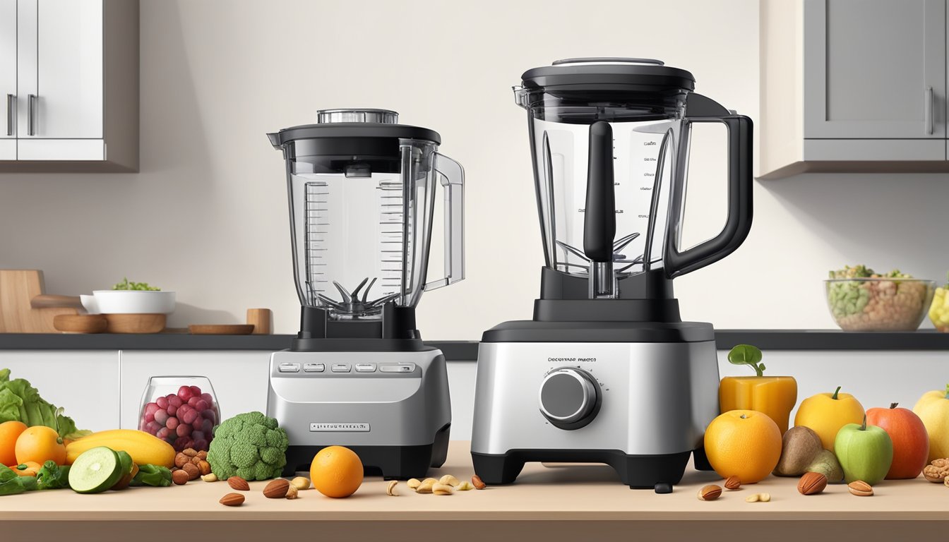 A food processor and a blender sit side by side on a kitchen countertop, with various fruits, vegetables, and nuts scattered around them. The food processor has a larger capacity and multiple attachments, while the blender has a sleek, tall pitcher with sharp