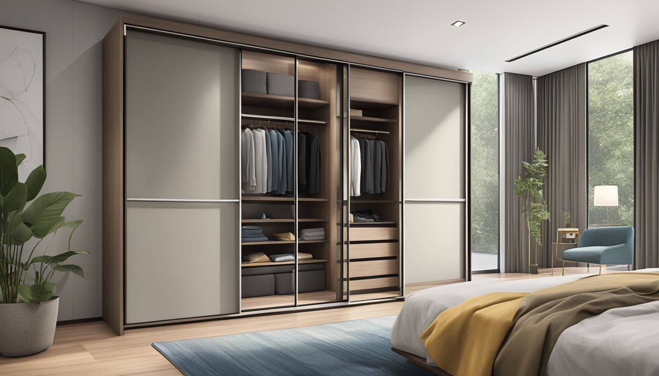 A sleek sliding door wardrobe in a modern Singaporean bedroom