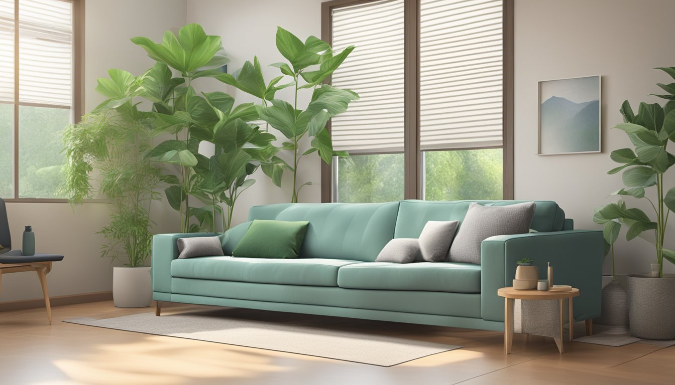 A modern air conditioner fan blowing cool air in a well-lit, spacious room with green plants and comfortable seating