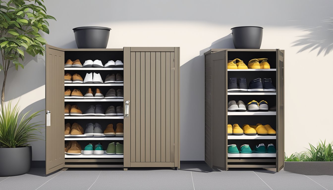 An outdoor shoe cabinet in Singapore, with neatly arranged shoes, a sturdy lock, and a sleek, weather-resistant design