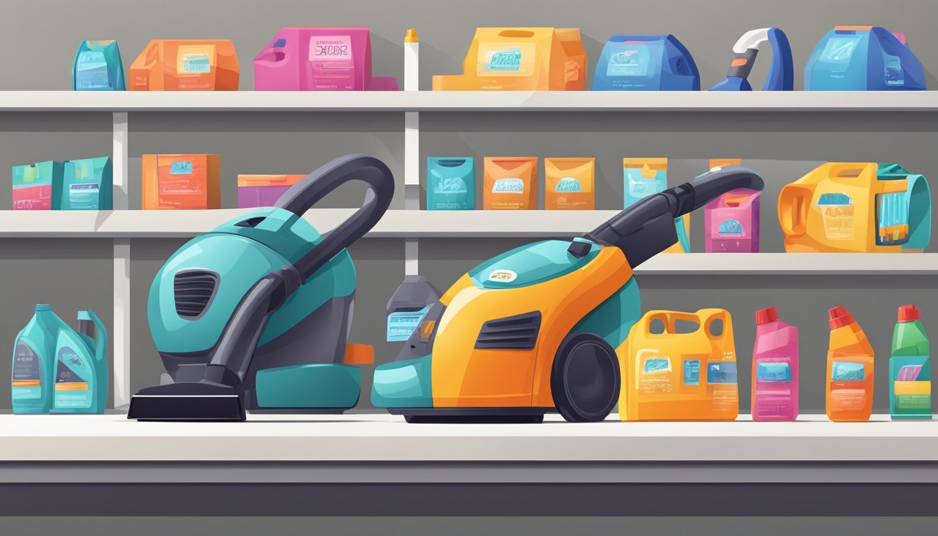 A vacuum cleaner sits on a store shelf, surrounded by price tags and promotional signage. The bright colors of the packaging pop against the neutral background