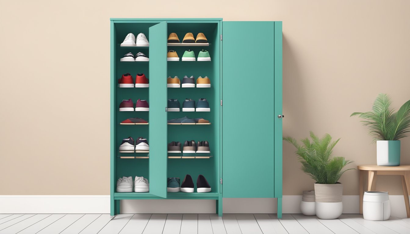 A slim shoe cabinet stands against a wall, neatly organized with various pairs of shoes inside