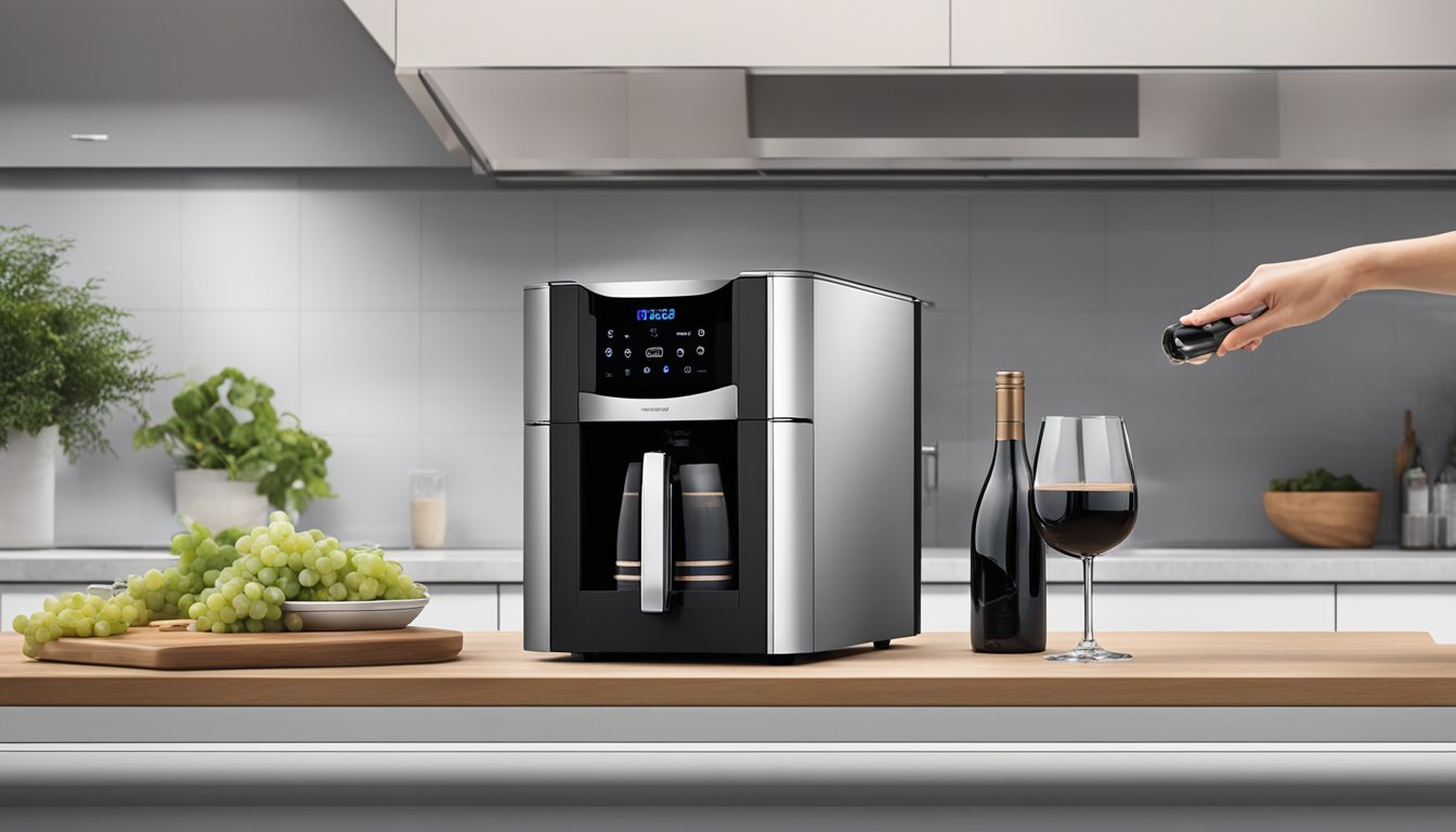 A hand reaching for a sleek Europace wine chiller on a modern kitchen countertop. The chiller's digital display shows the temperature set for the perfect wine storage