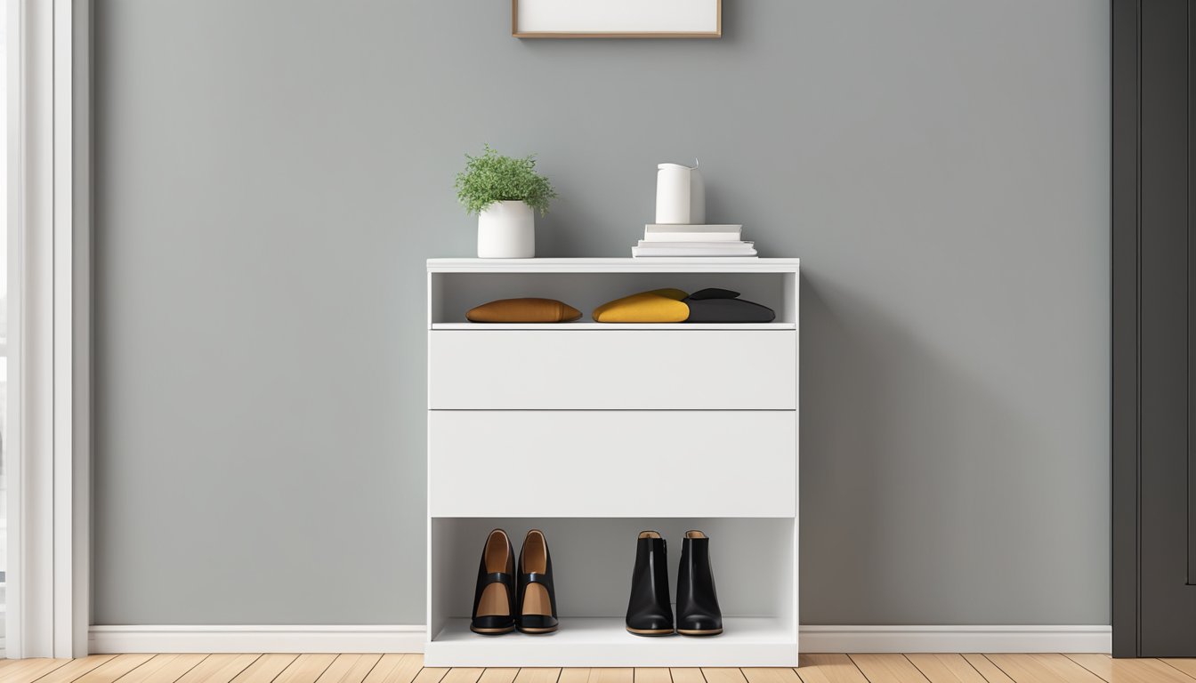 A sleek, modern shoe cabinet stands against a clean, minimalist backdrop. Its slim design and aesthetic appeal exude sophistication and functionality