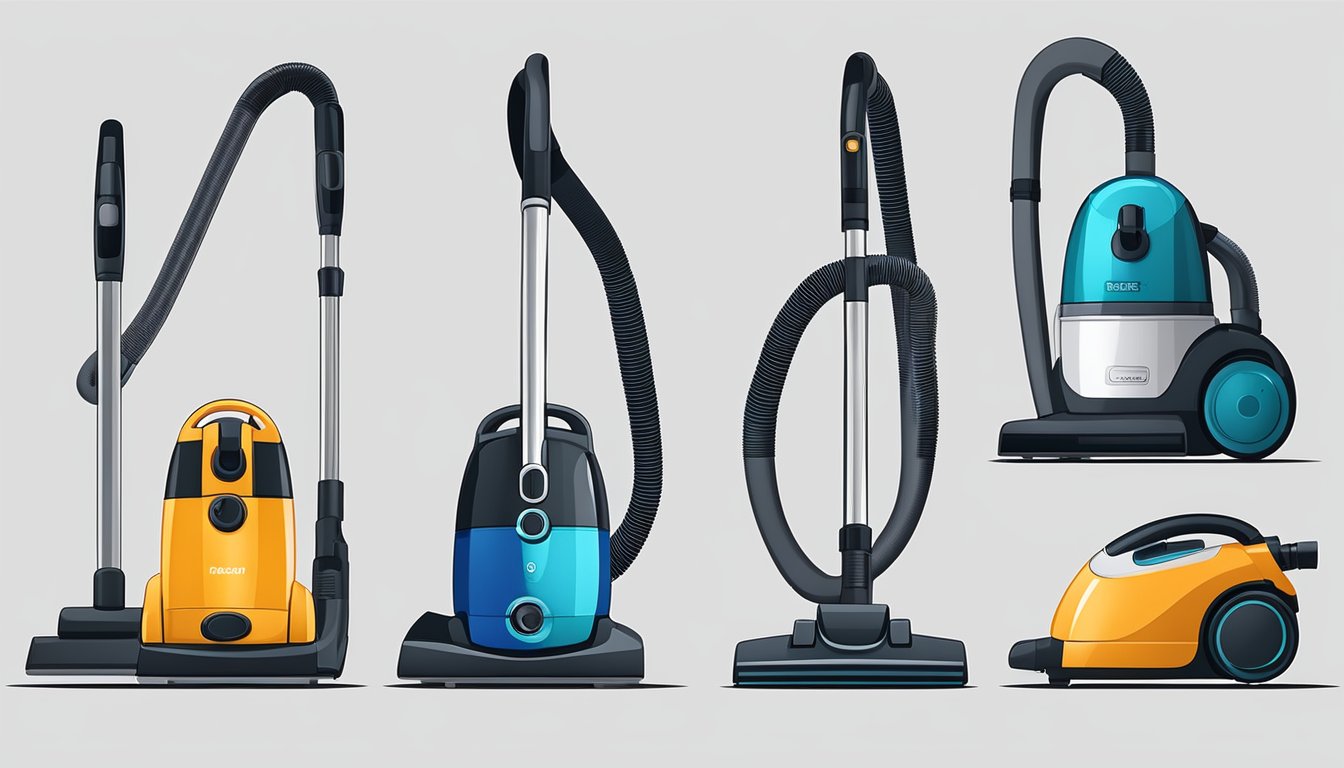 Various vacuum cleaner types and technologies displayed. Prices labeled