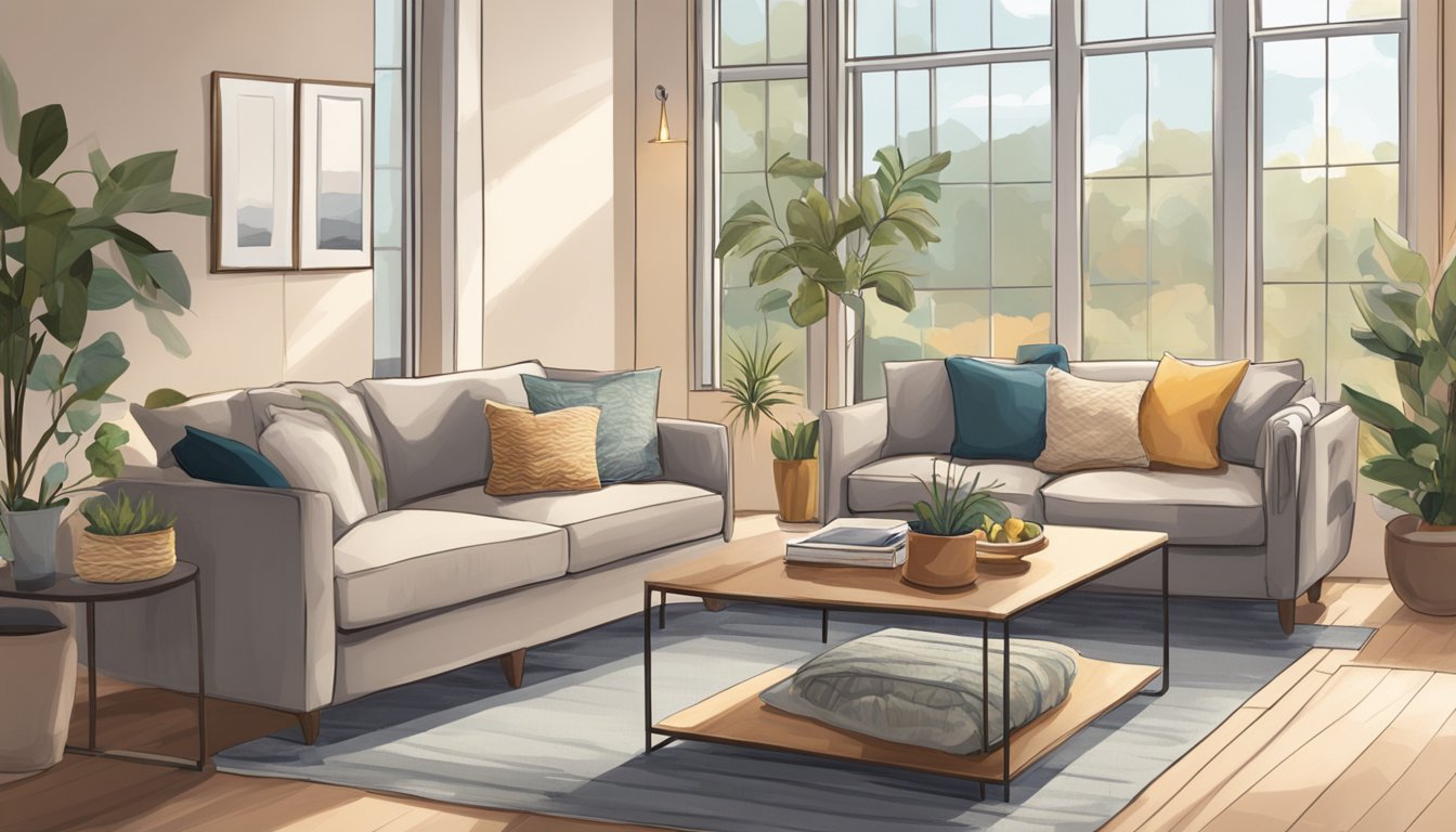 Two cozy sofas sit side by side, adorned with soft cushions and a warm throw blanket. The room is bathed in soft, natural light, creating a serene and inviting atmosphere