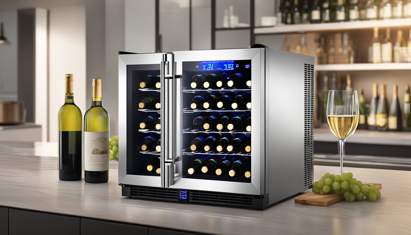 A sleek, modern wine chiller sits on a countertop, surrounded by bottles of wine. The soft glow of the chiller's LED display adds a touch of elegance to the scene