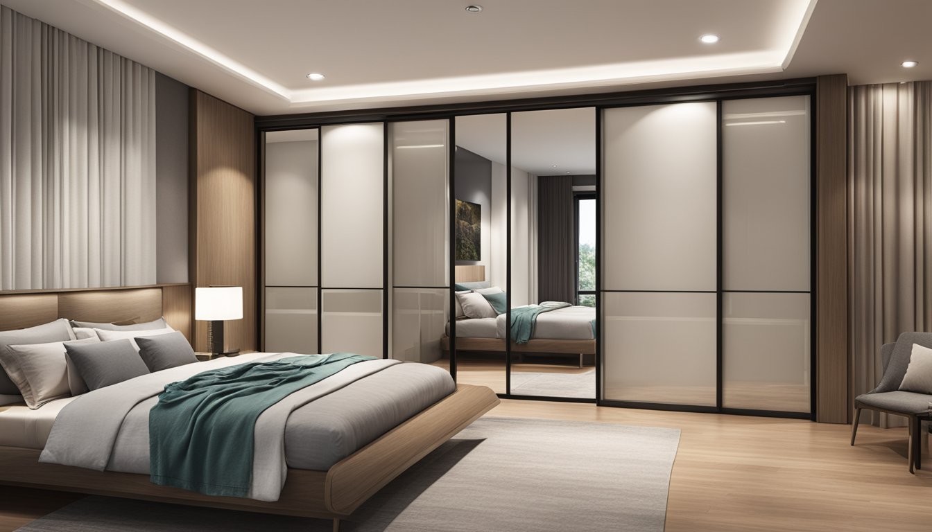 A spacious bedroom with a sleek sliding door wardrobe in Singapore, maximizing the available space