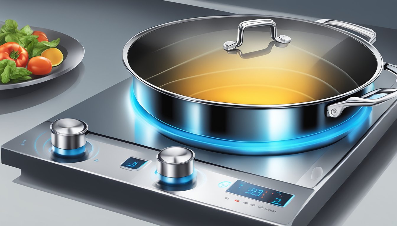 A sleek induction cooktop with a pot placed on top, emitting a soft blue glow from the heat