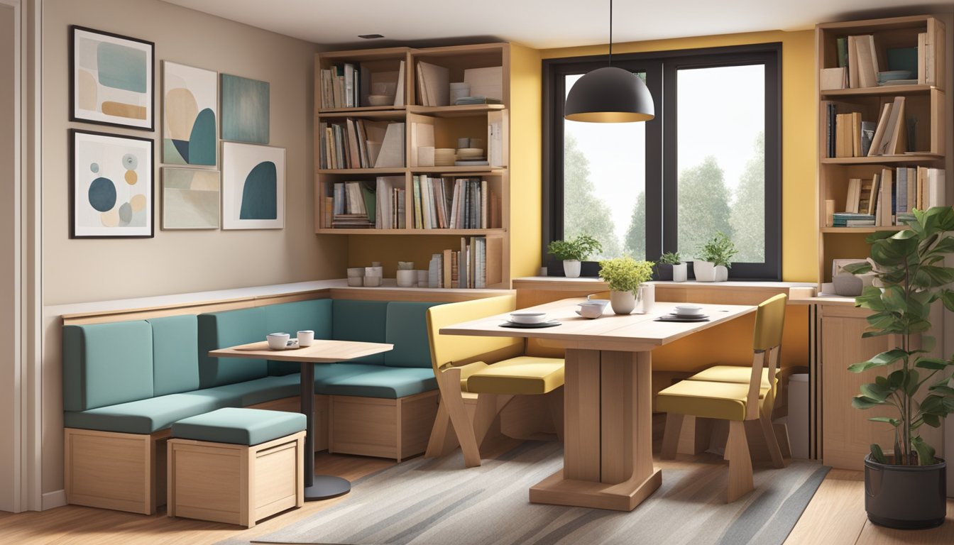 A compact dining table nestled in a cozy nook, surrounded by foldable chairs and clever storage solutions