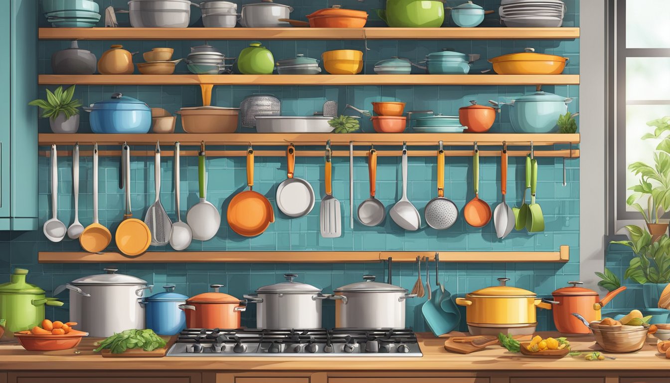 Colorful kitchen utensils hang from racks, pots and pans gleam on shelves, and spices line the countertops in a bustling Singapore kitchen