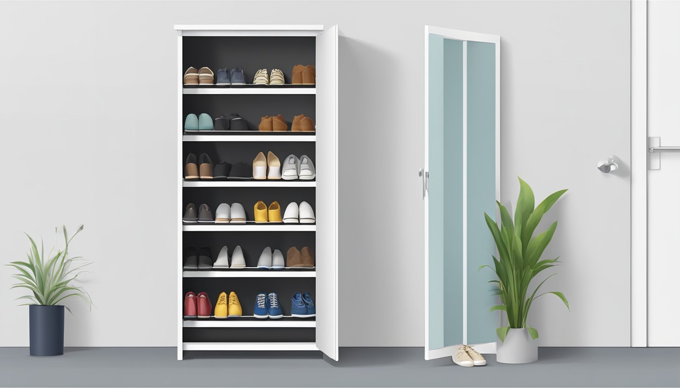 A slim shoe cabinet is neatly placed by the entrance, with shoes organized inside and a functional top surface for keys and accessories
