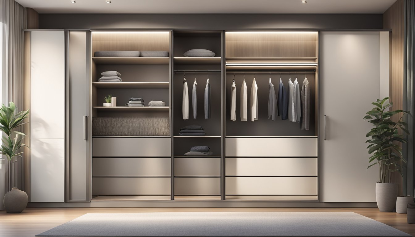 A sleek, modern sliding door wardrobe in a spacious room with soft lighting and clean, minimalist design