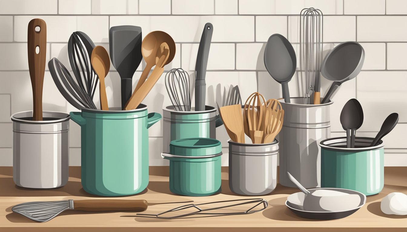 A clean, organized kitchen countertop with essential utensils: spatula, whisk, wooden spoon, tongs, and ladle neatly arranged in a utensil holder