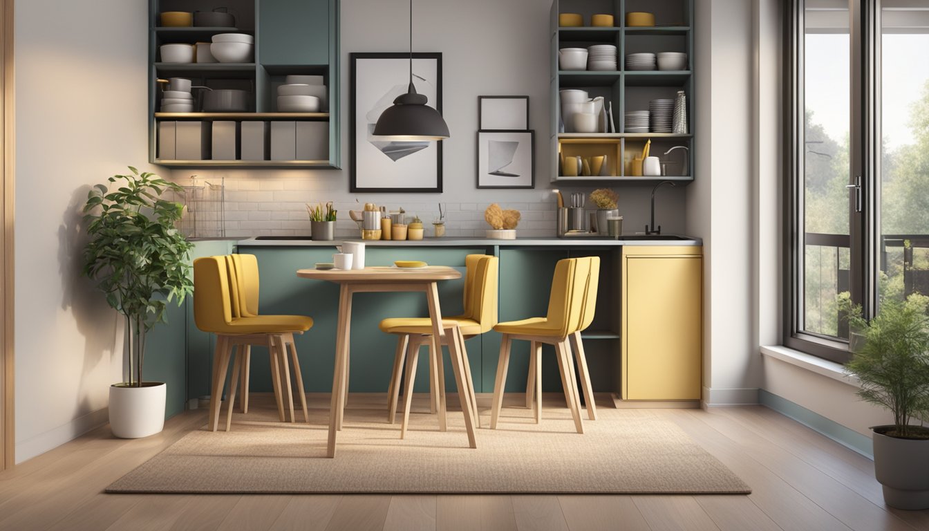 A compact dining table nestled in a cozy corner, surrounded by foldable chairs. Shelves on the wall hold neatly stacked plates and utensils