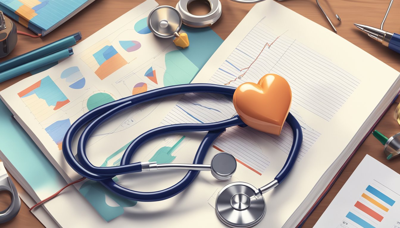 A stethoscope rests on a desk beside a textbook open to a page on cardiology. A heart model sits nearby, surrounded by charts and medical equipment