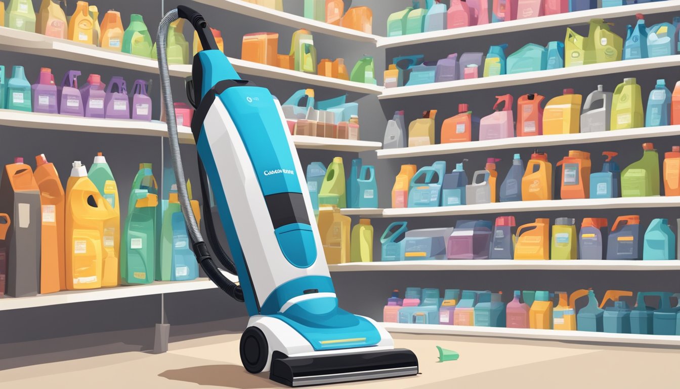 A vacuum cleaner sits on a store shelf, surrounded by bright price tags and feature descriptions. The display is well-lit, with other cleaning supplies nearby