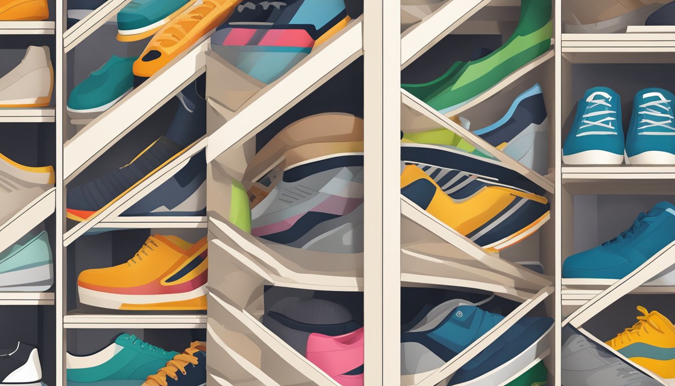 A narrow shoe cabinet with multiple compartments, neatly organizing various pairs of shoes