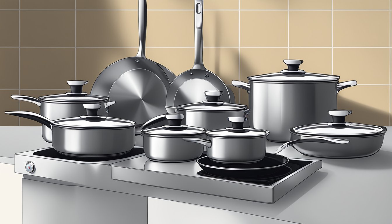 A set of sleek, modern induction cookware arranged neatly on a kitchen counter, with various pots, pans, and lids on display