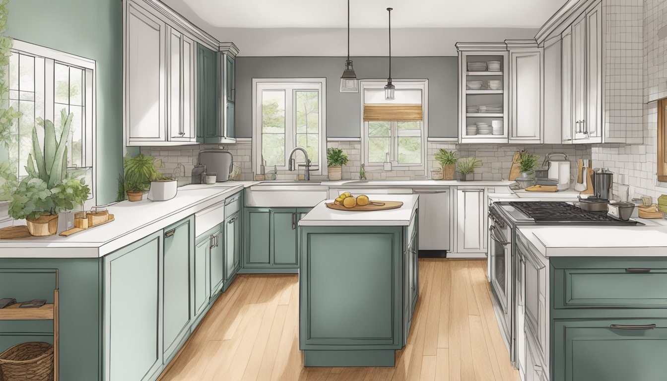 A kitchen with various renovation ideas pinned on a bulletin board, including color swatches, cabinet designs, and layout sketches