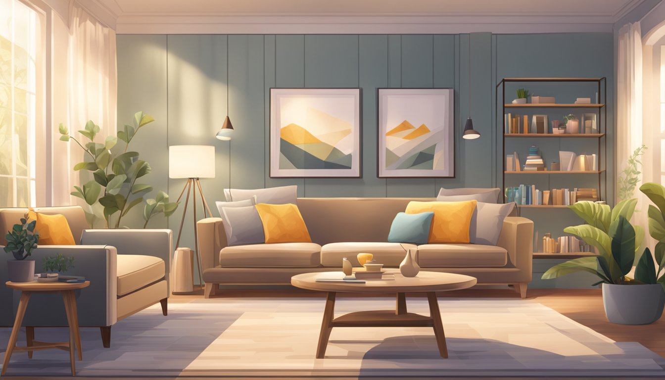 A cozy living room with various stylish sofas displayed, soft lighting, and a welcoming atmosphere