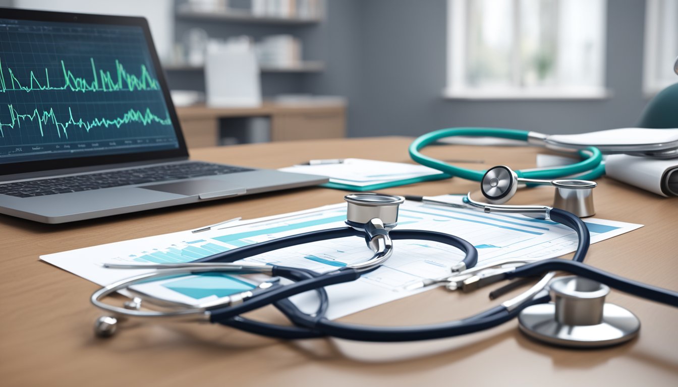 A stethoscope rests on a desk next to a stack of medical charts and a heart model, with an EKG monitor in the background