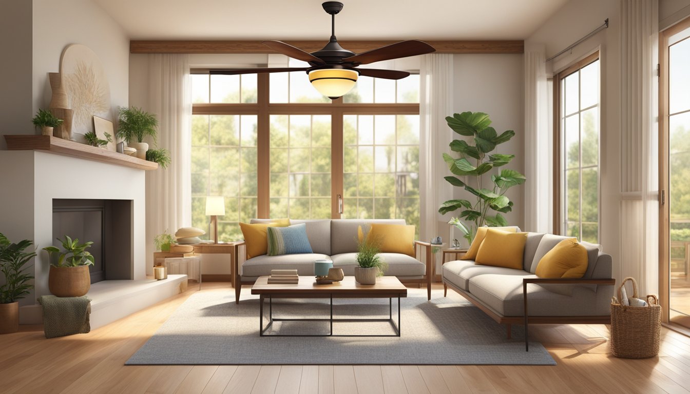 A wooden acorn-shaped ceiling fan spins gently above a cozy living room, casting a warm and inviting glow