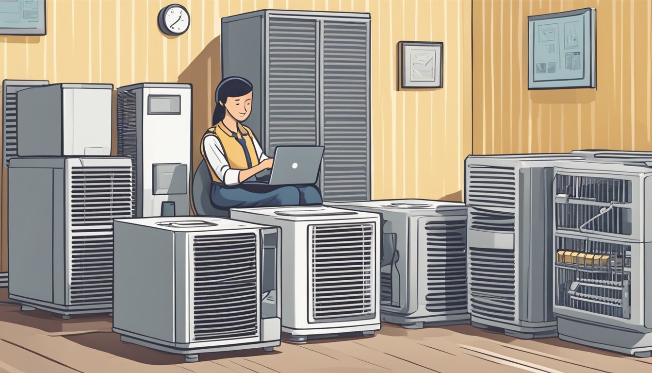 A person comparing air conditioner prices online, surrounded by various models and price tags