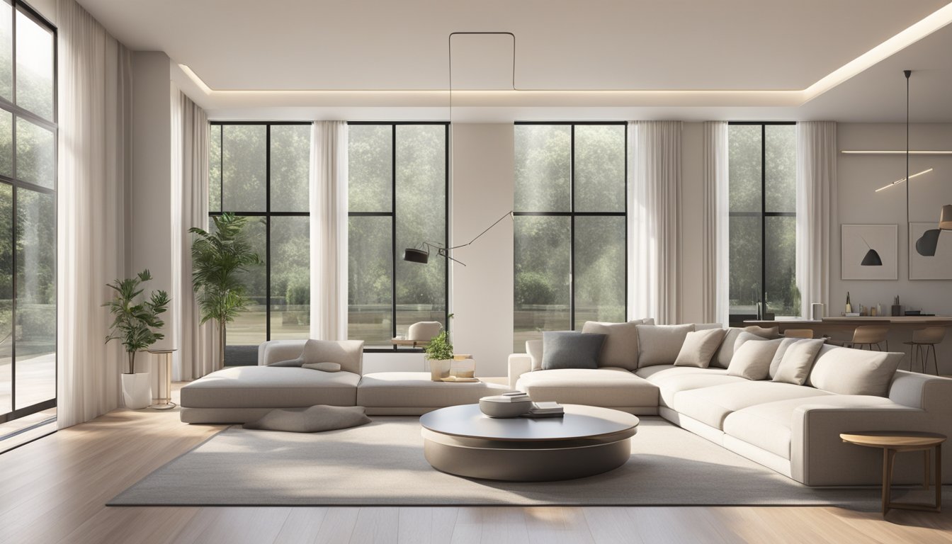 A spacious and modern interior with clean lines, neutral colors, and natural light streaming in through large windows. A minimalist yet inviting space with sleek furniture and tasteful decor