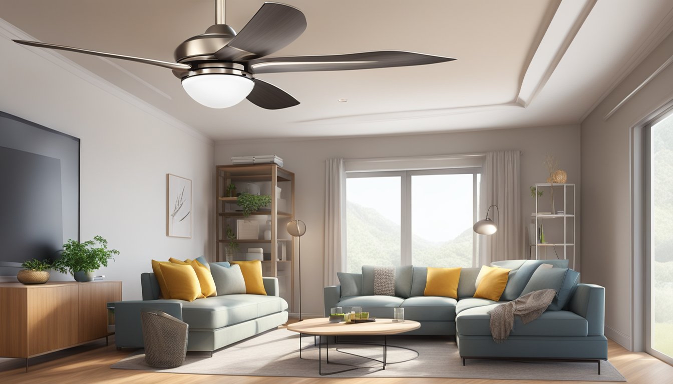 A sleek acorn-shaped ceiling fan spins gracefully, casting a gentle breeze in a modern, well-lit room
