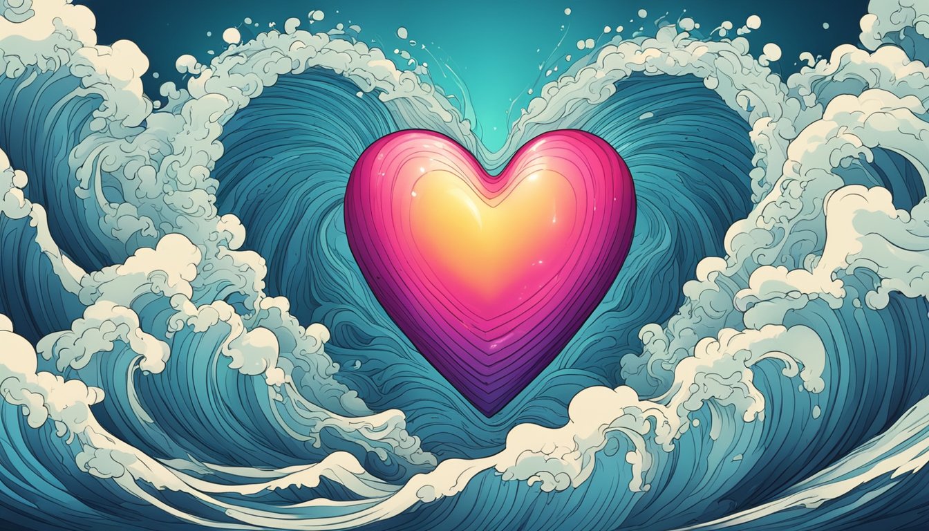 A heart-shaped object pulsates rhythmically, surrounded by waves of pain