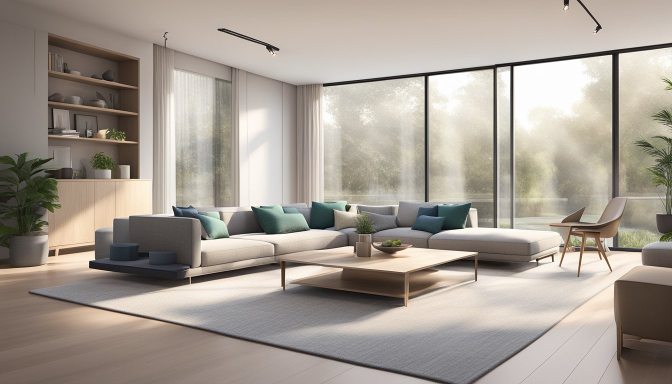 A modern living room with sleek furniture, neutral colors, and natural light pouring in through large windows. Clean lines and minimalistic decor create a sense of spaciousness and tranquility